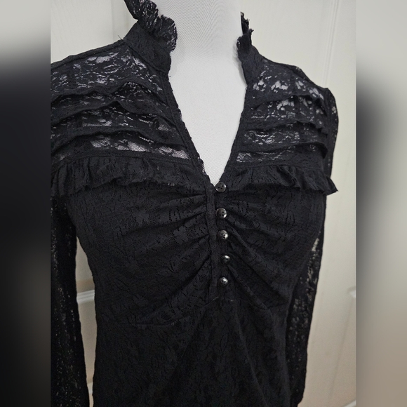 Apt 9 Black Lace v neck Ruffle Detail Long Sleeve Top Blouse S - Picture 2 of 8